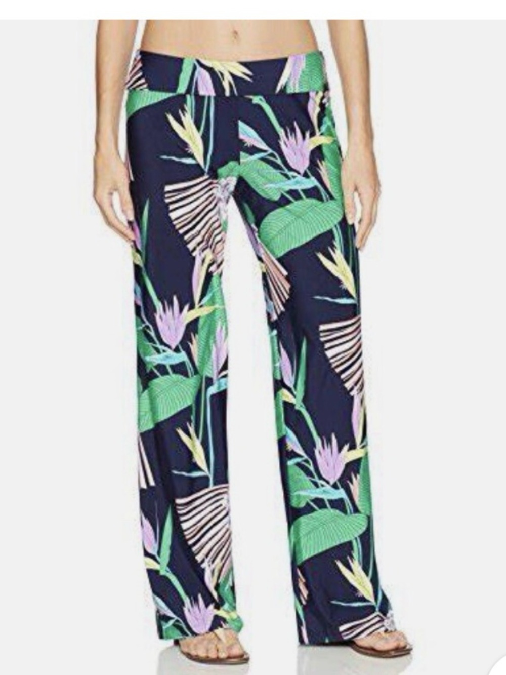 Trina Turk Midnight Paradise Roll Top Wide-Leg Pants Size Medium Navy Tropical